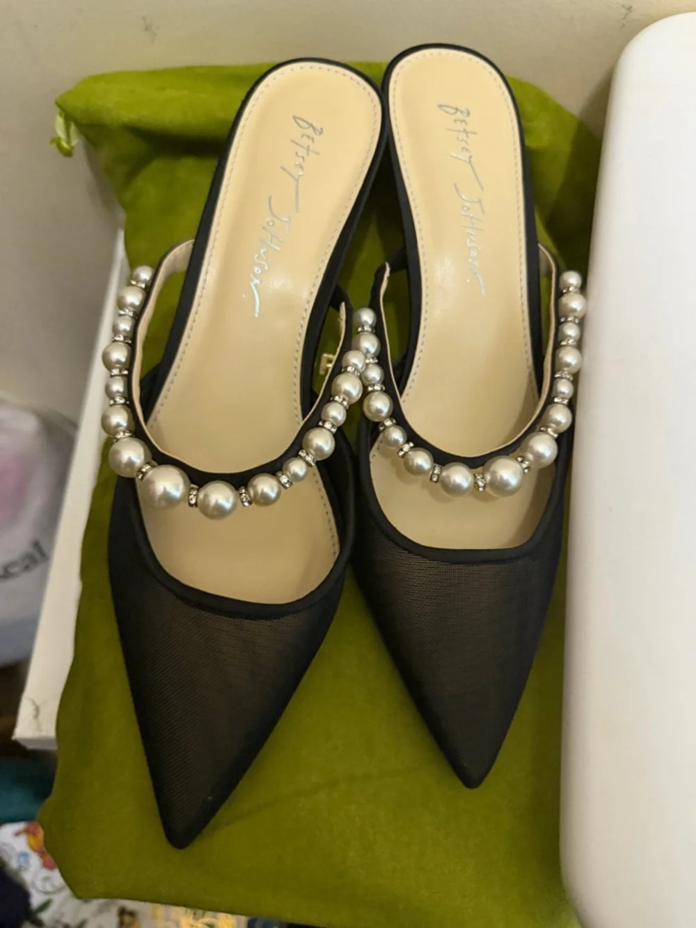 Betsey Johnson Black Pointed Mesh Mules with Pearl Strap - Picture 1 of 7